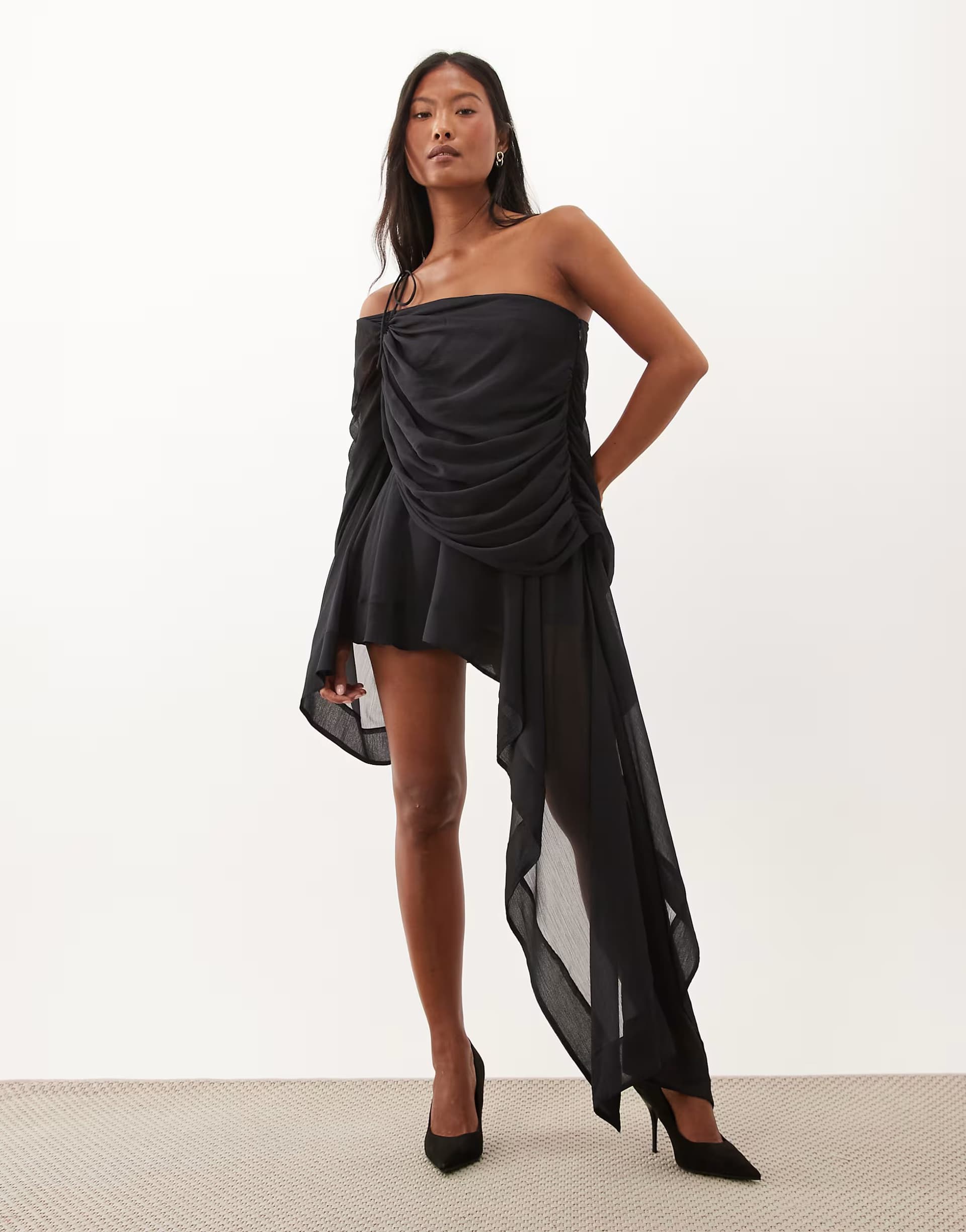ASOS ASOS DESIGN Petite one shoulder asymmetric chiffon mini dress in black