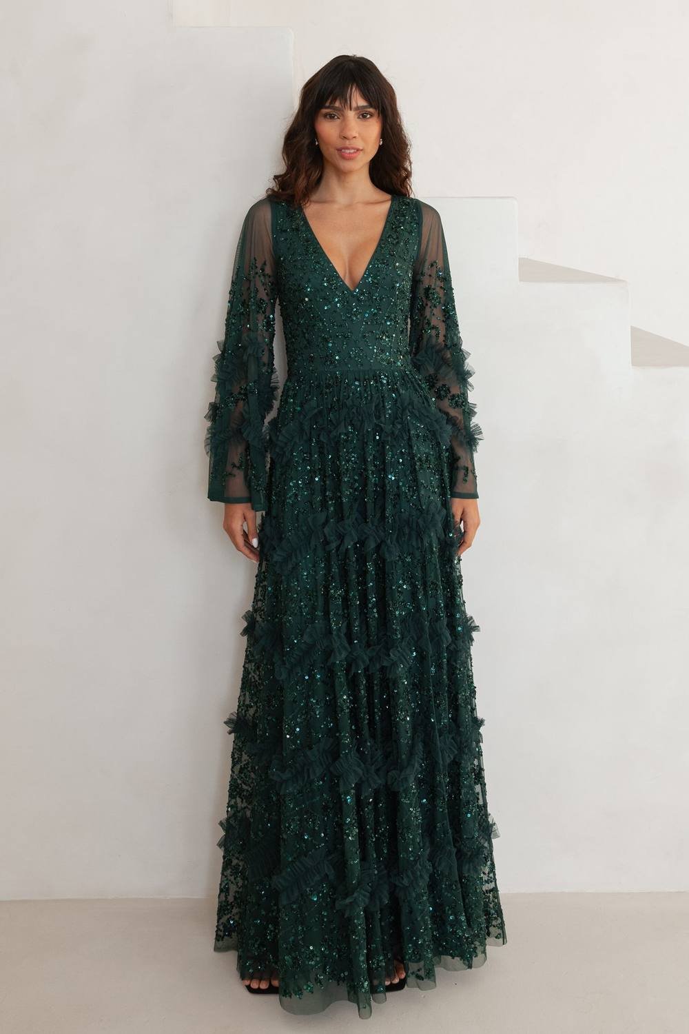 Maya Deluxe Maya Deluxe Women's Fully Embellished Frill Maxi Dres in Emerald - 2