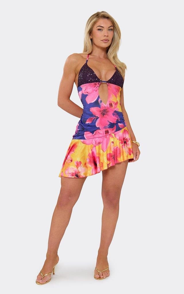 EGO Halterneck Sequin Bust Cut Out Frilled Asymmetric Hem Mini Dress In Multi Floral Print, Women's Size UK 6 - 2