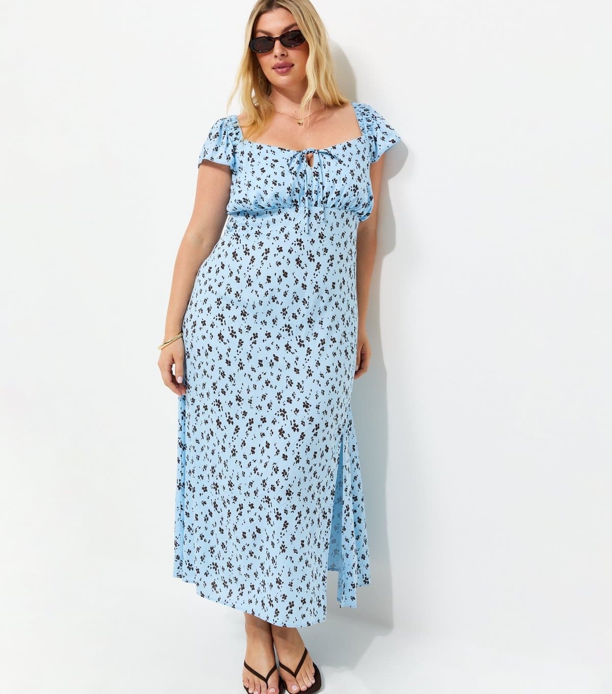 New Look Women's Plus Size Blue Ditsy Print Square Neck Midi Dress Curves New Look