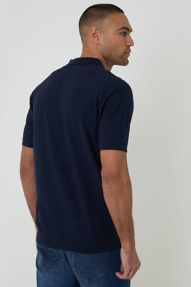 Threadbare Threadbare Men's Basket Stitch Short Sleeve Knitted Polo in Navy - 2