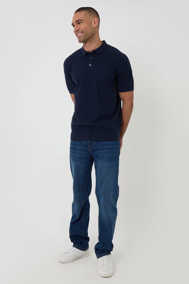 Threadbare Threadbare Men's Basket Stitch Short Sleeve Knitted Polo in Navy - 3