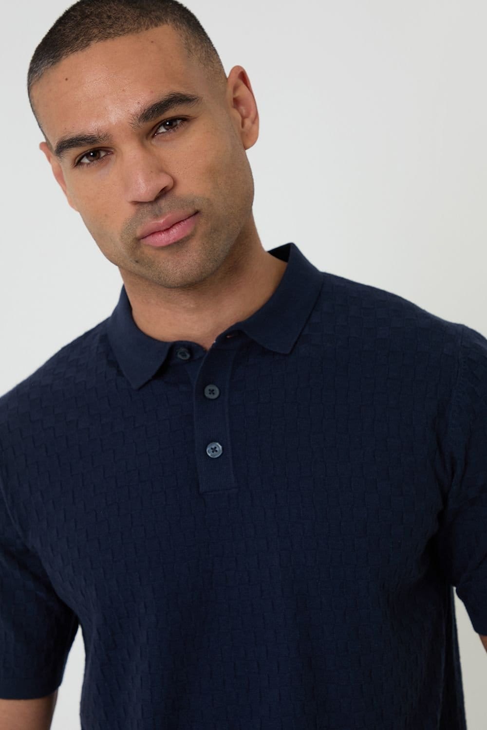 Threadbare Threadbare Men's Basket Stitch Short Sleeve Knitted Polo in Navy - 4