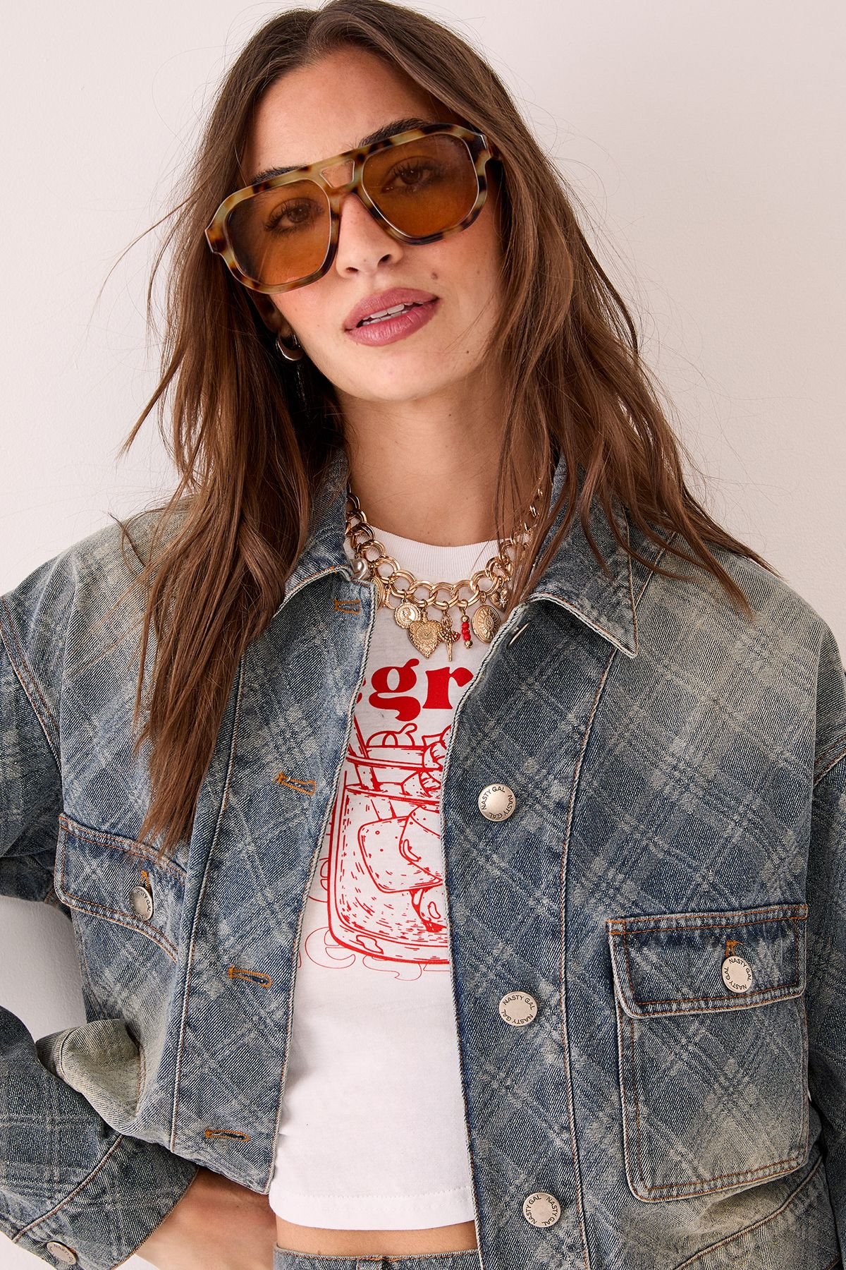 NastyGal NastyGal Women's Check Denim Distressed Jacket in Authentic Midwash - 3