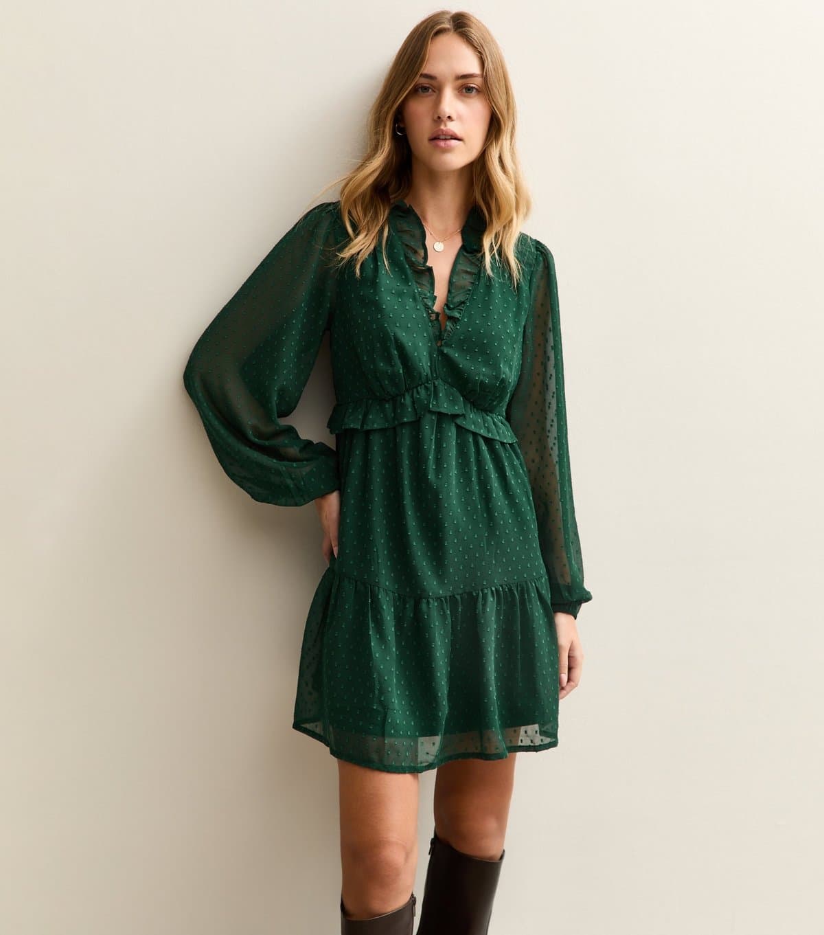 New Look Women's Dark Green Dobby Frill Mini Dress New Look