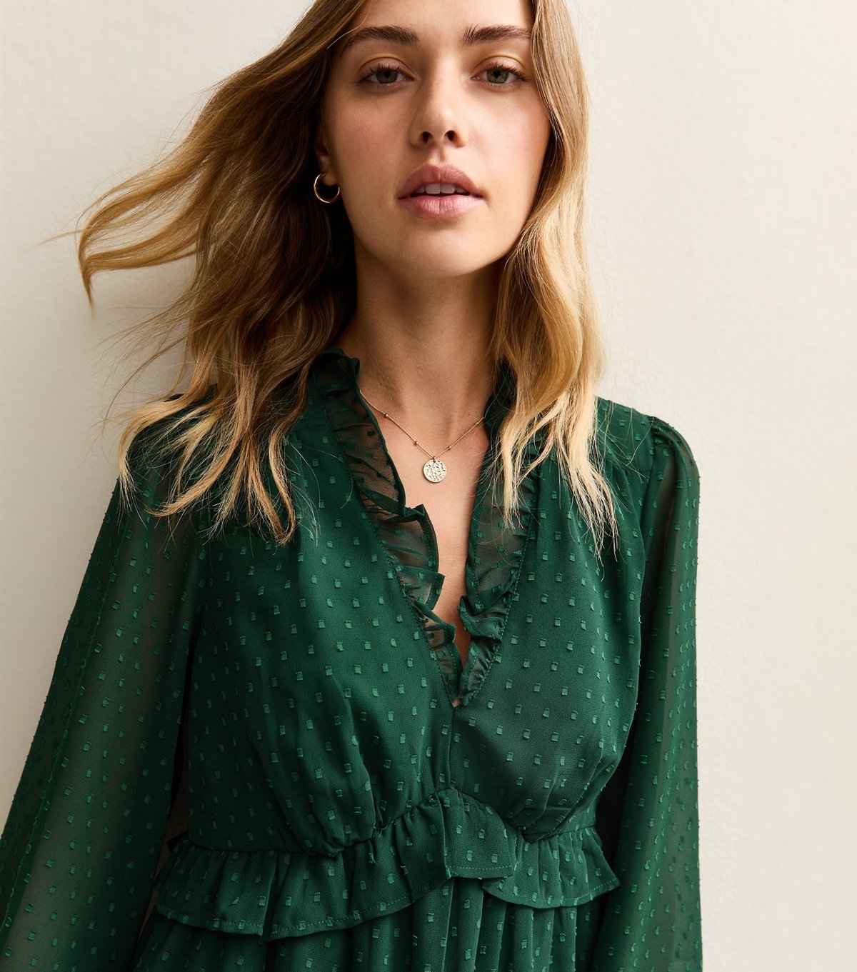 New Look Women's Dark Green Dobby Frill Mini Dress New Look - 3