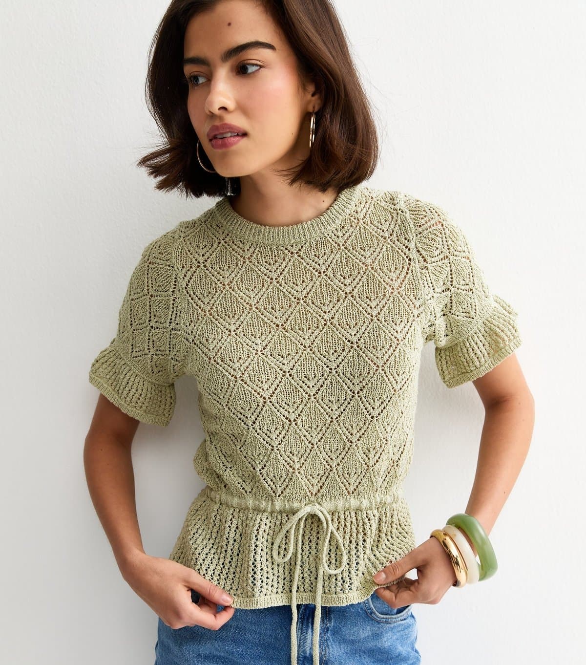 New Look New Look Light Green Open Knit Frilly Trim Top