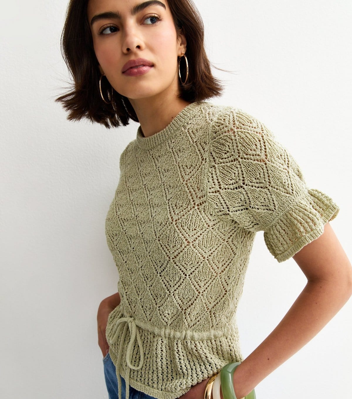 New Look Women's Green Open Knit Drawstring Waist Frilly Trim Top New Look - 2