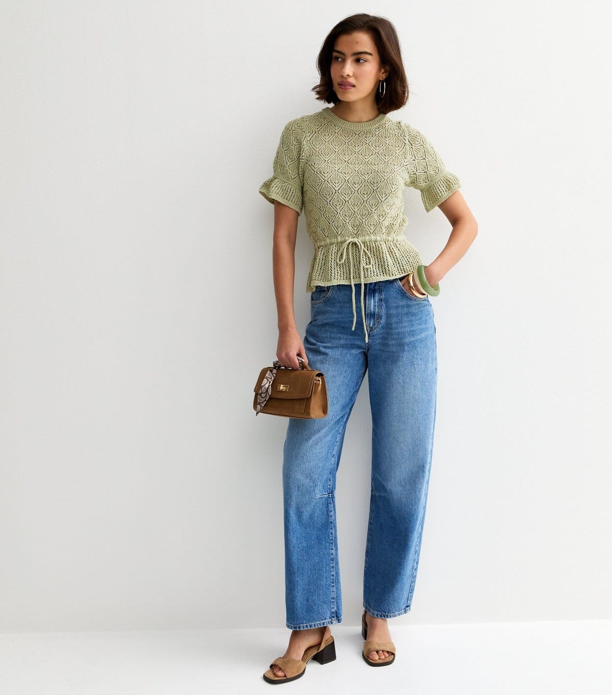 New Look Women's Green Open Knit Drawstring Waist Frilly Trim Top New Look - 3