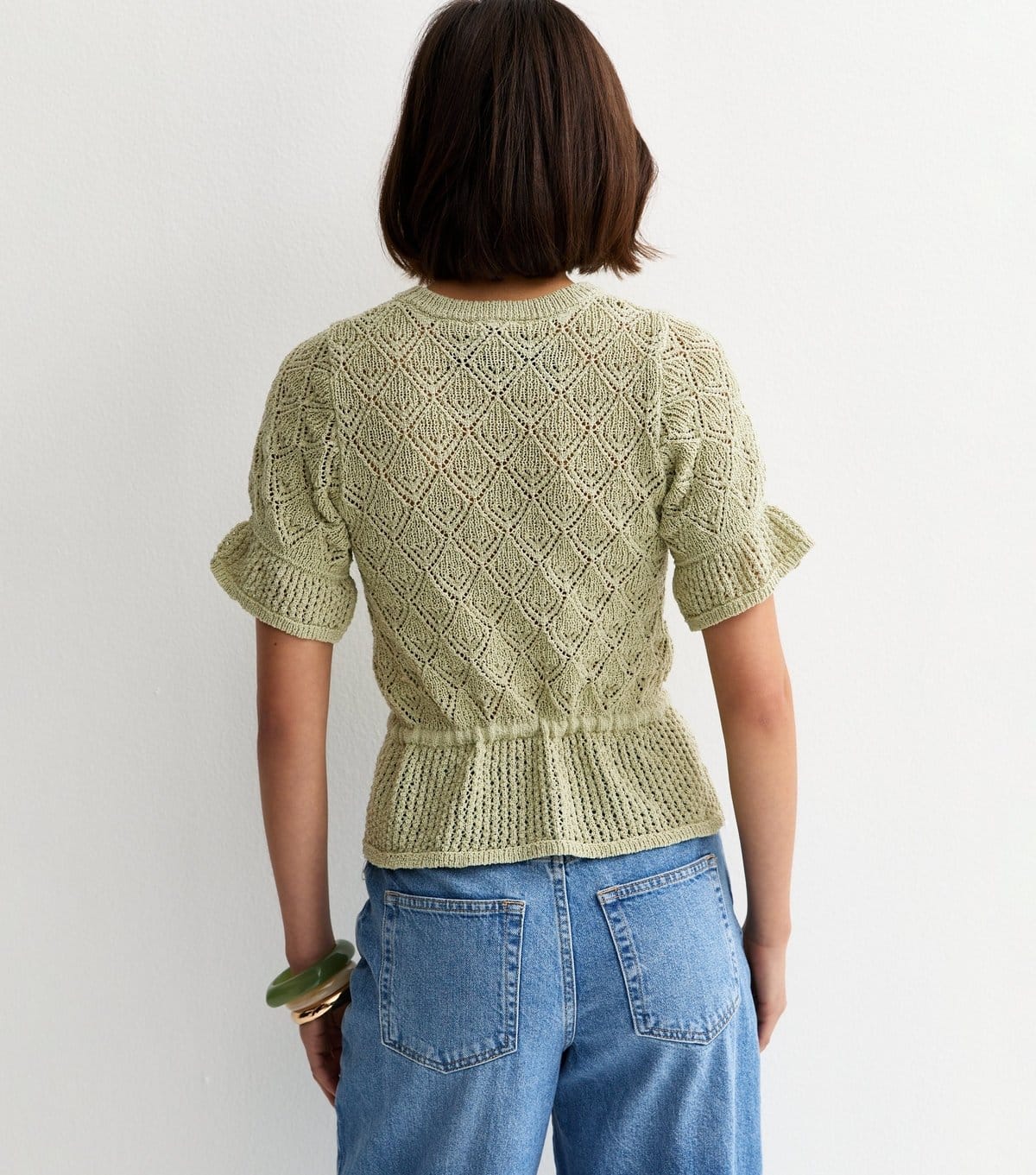 New Look Women's Green Open Knit Drawstring Waist Frilly Trim Top New Look - 4