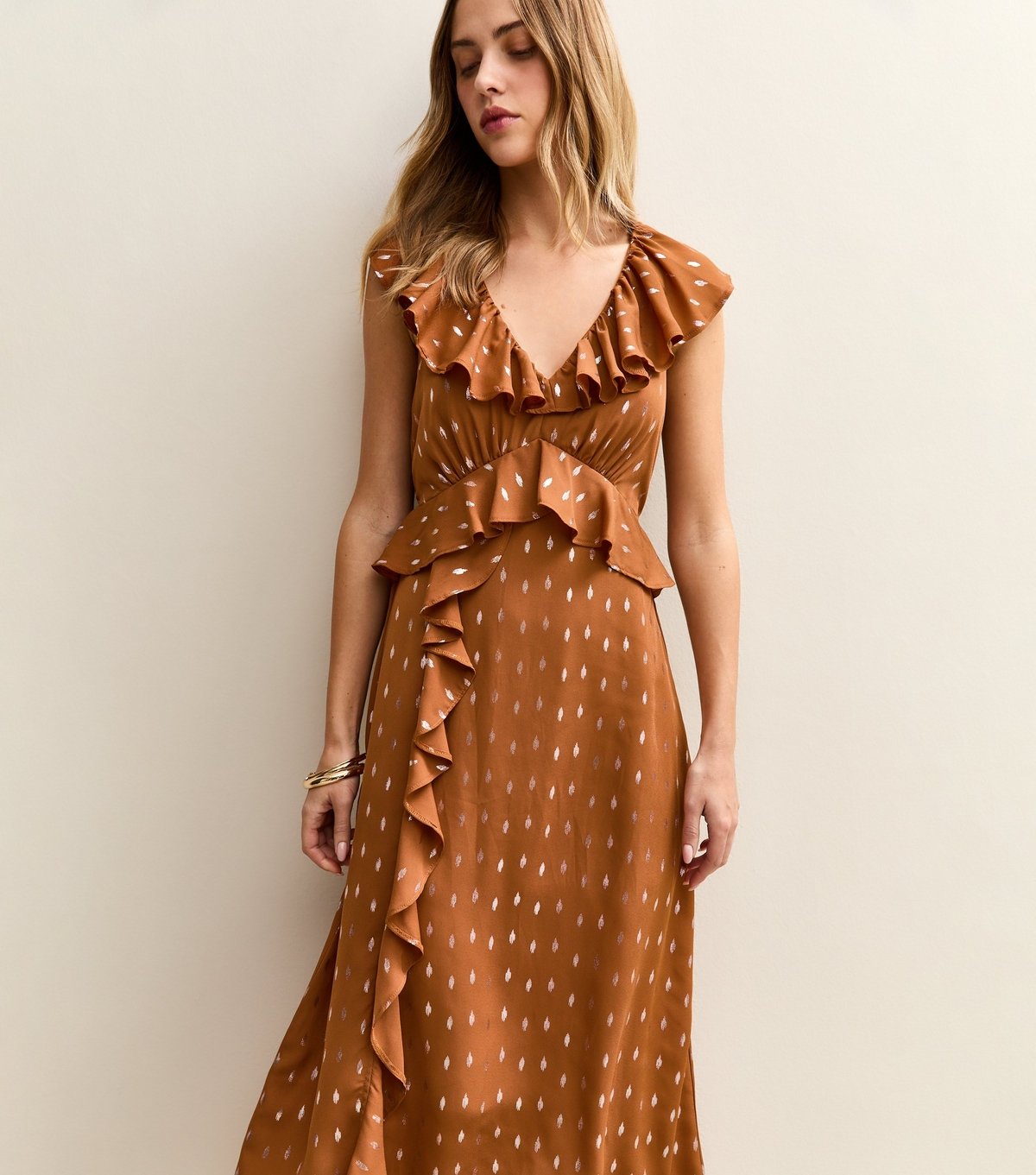 New Look Women's Tan Gold Fleck Frill Midi Dress New Look - 3