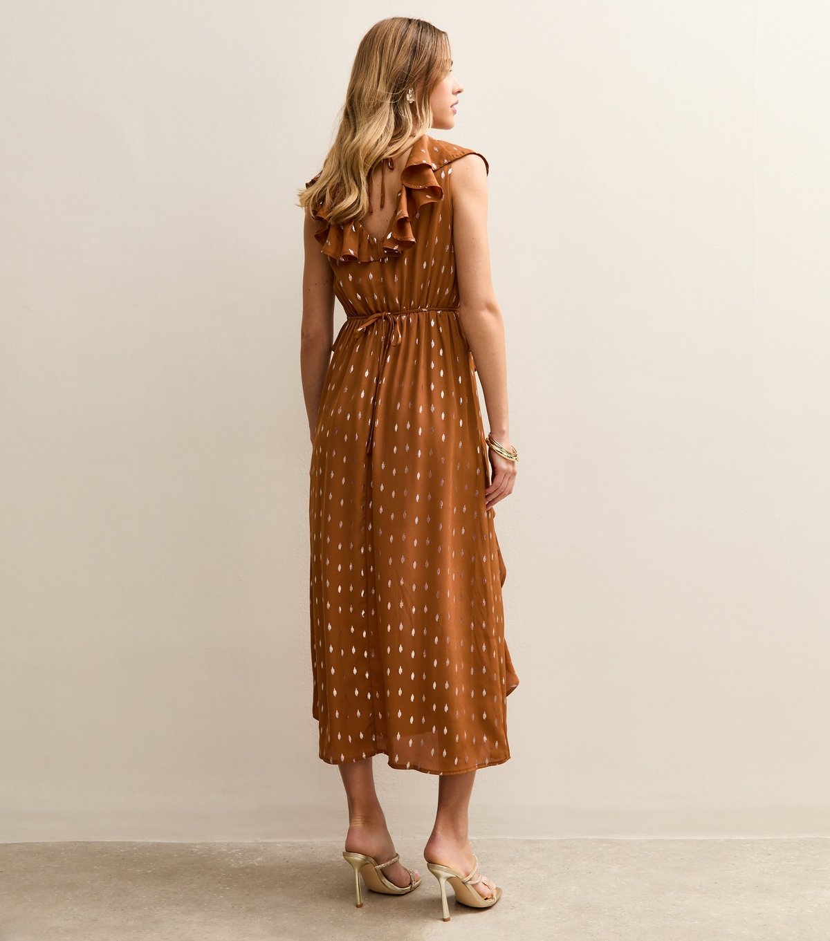 New Look Women's Tan Gold Fleck Frill Midi Dress New Look - 4