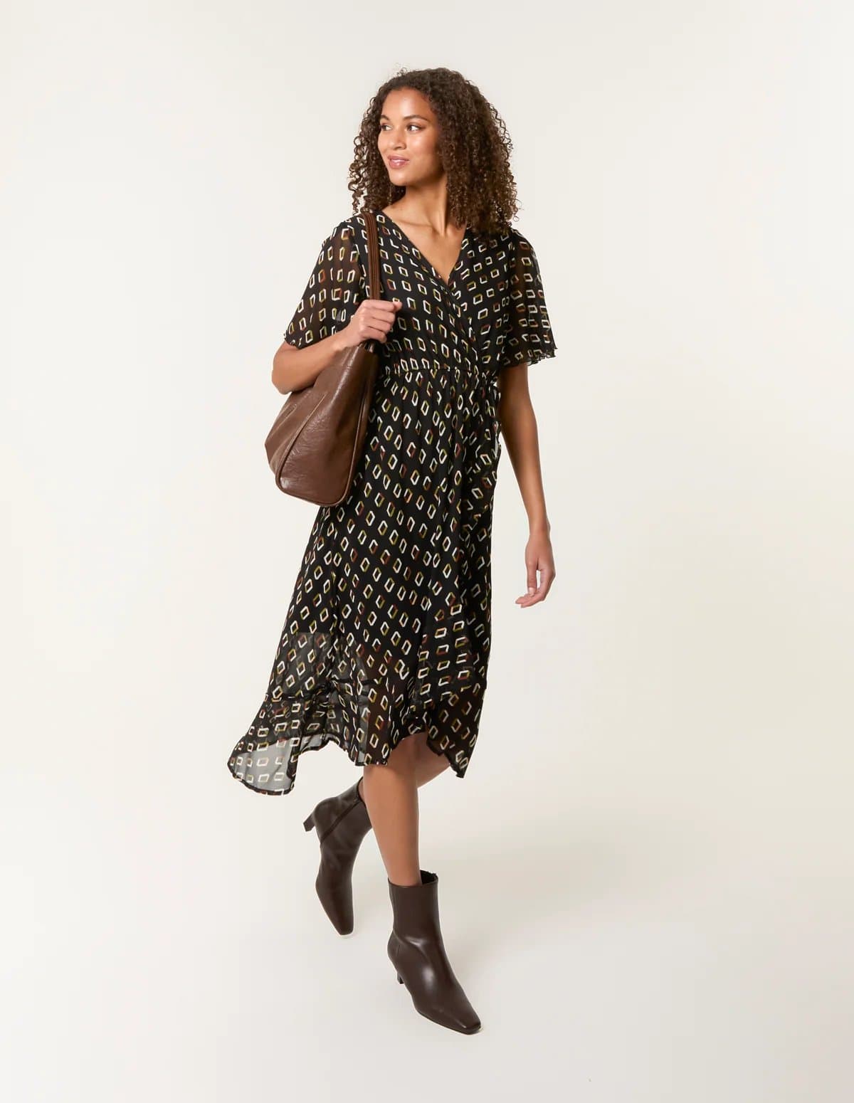 Blue Vanilla Geometric Mesh Ruffle Wrap Dress