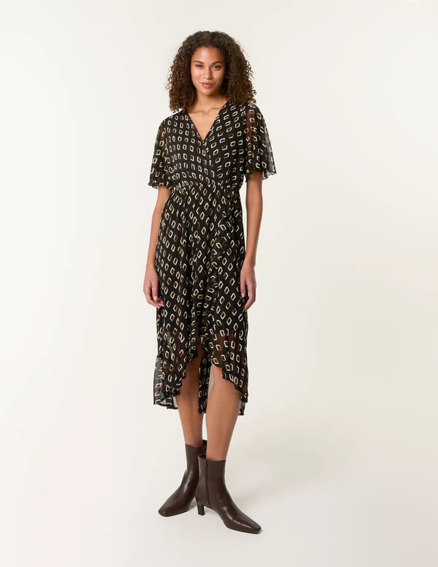Blue Vanilla Geometric Mesh Ruffle Wrap Dress - 3