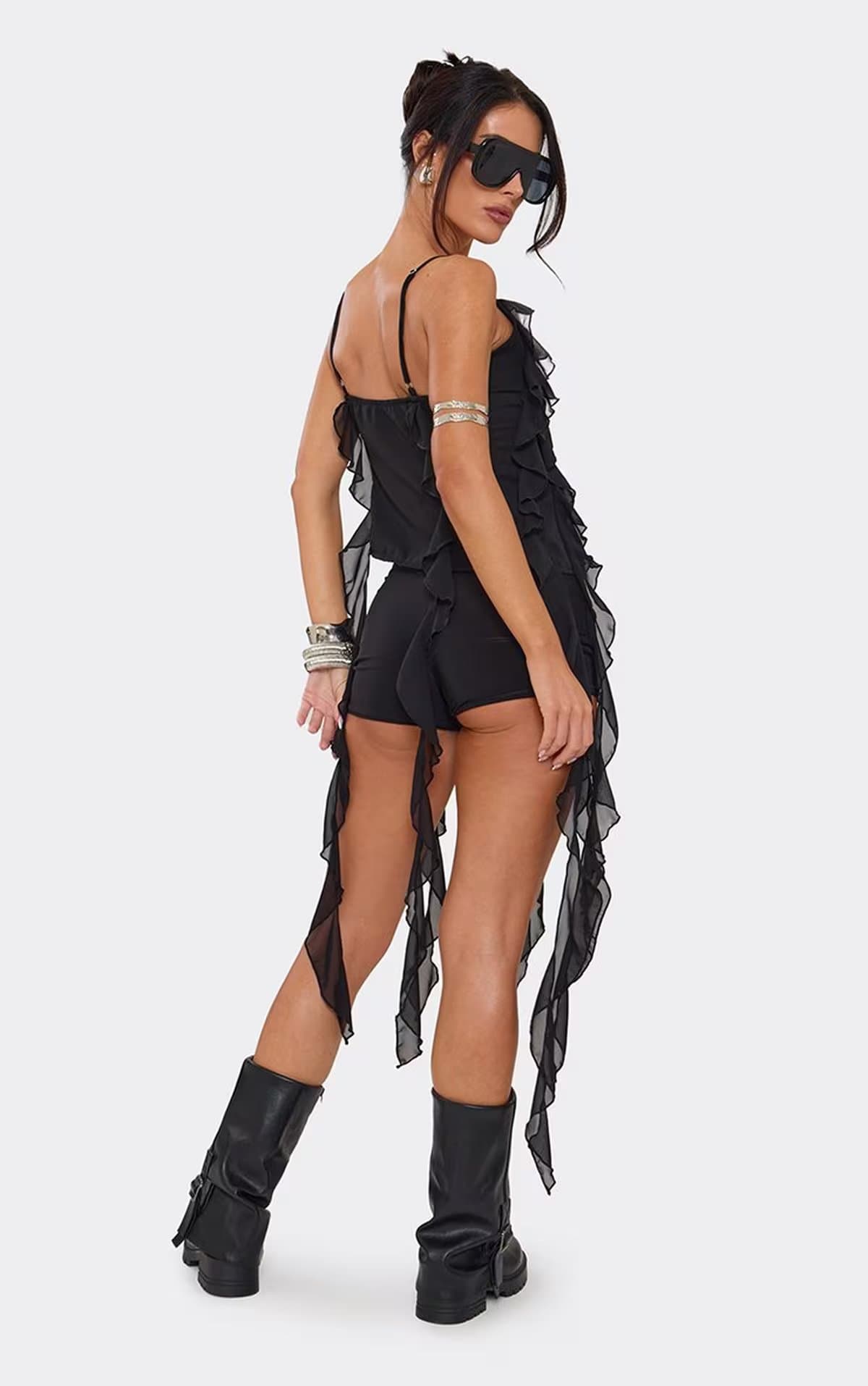 EGO Strappy Frill Draped Detail Cami Top In Black, Women's Size UK 6
