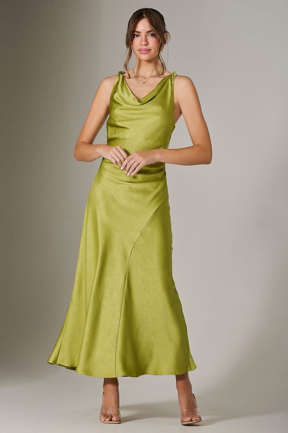 Jolie Moi Jolie Moi Women's Twisted Shoulder Cowl Neck Midaxi Dress in Bright Green - 4