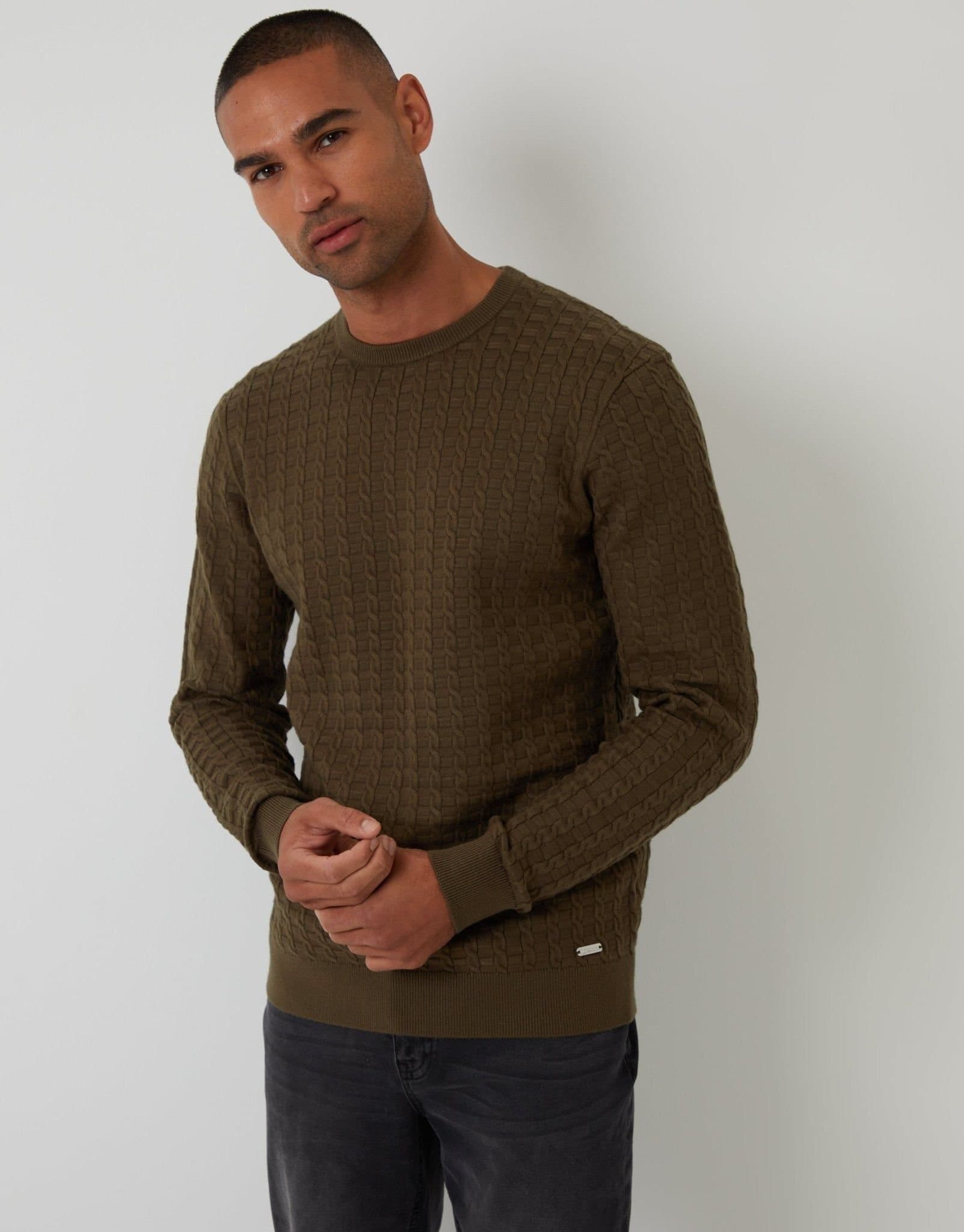 Threadbare threadbare Men's Cable Knit Crew Neck Jumper in Green