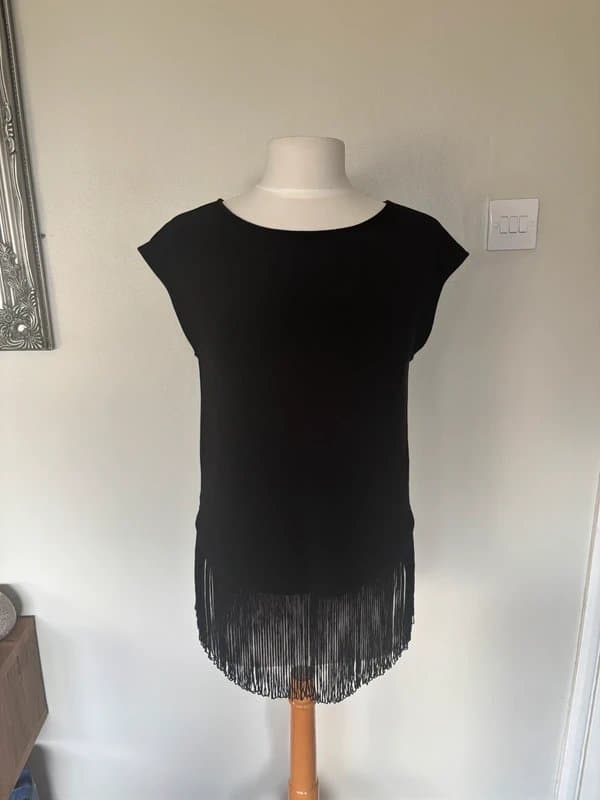 Oasis Oasis black fringed tassel t-shirt top - size XS 8-10