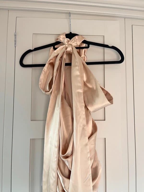 ASOS New ASOS Design Luxe Champagne Gold Metallic Super Ruched Halter Satin Mini Dress Bow Back Tie