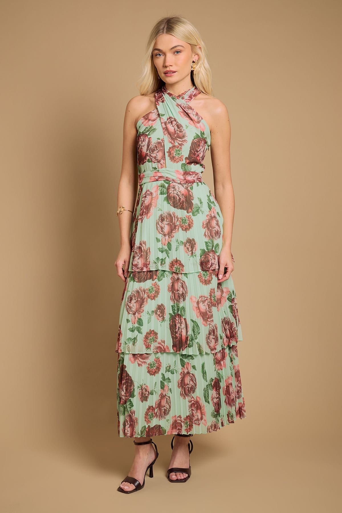 Oasis Oasis Women's Halterneck Pleated Tiered Maxi Dress in Mint - 4