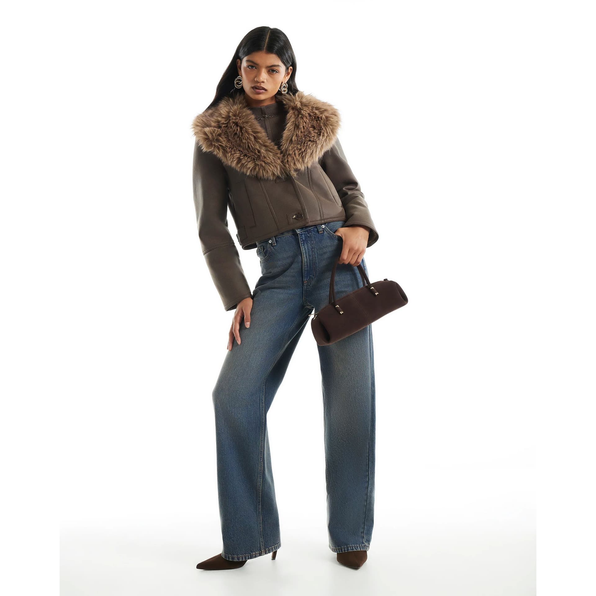 River Island River Island Womens Brown Faux Fur Collar Bonded Crop Jacket