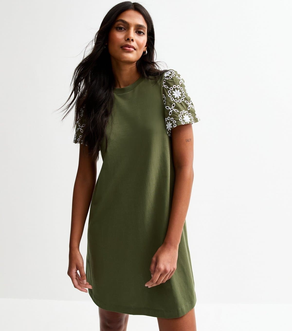 New Look Women's Dark Khaki Broderie Sleeve Mini Swing Dress New Look