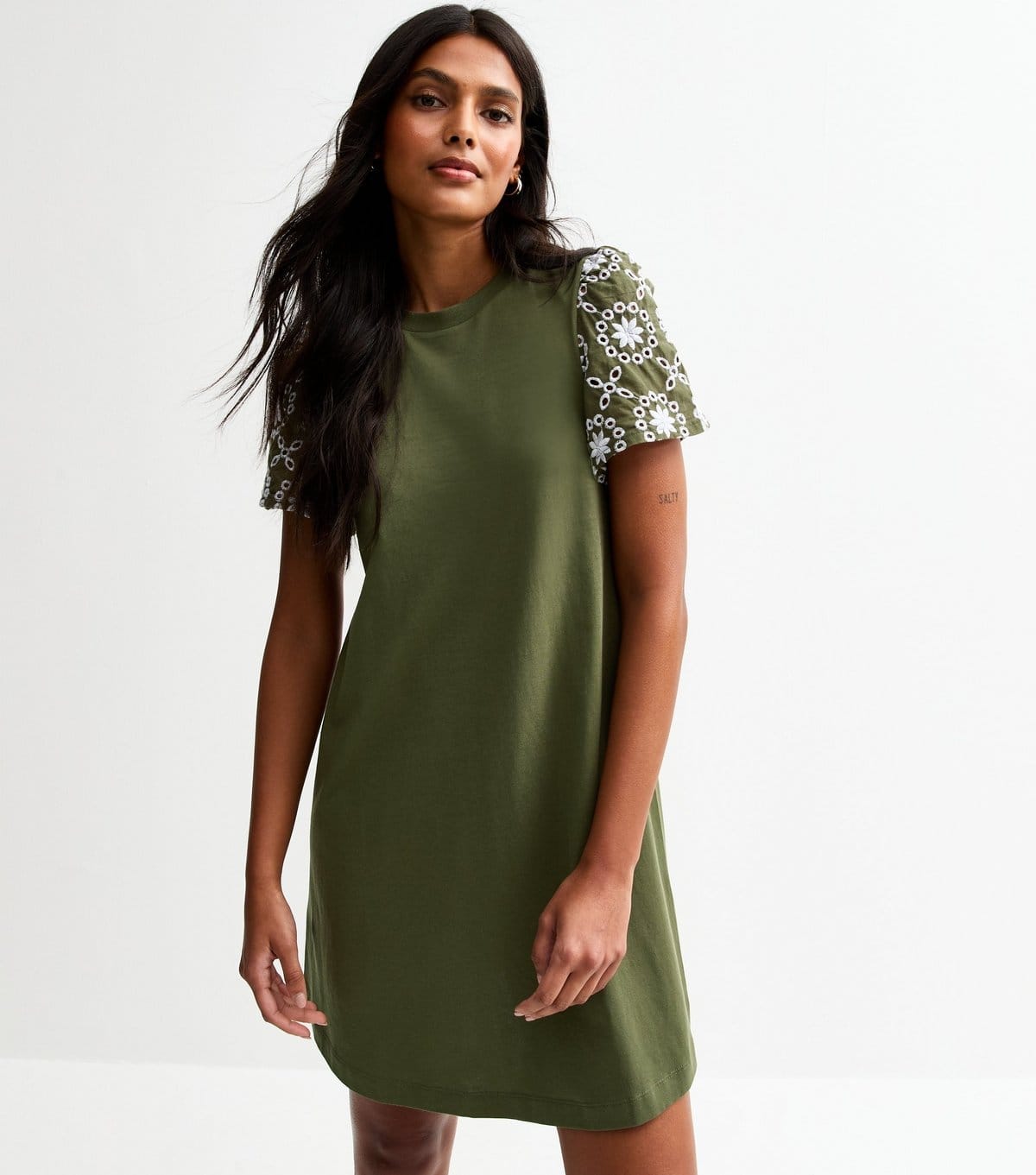 New Look Women's Dark Khaki Broderie Sleeve Mini Swing Dress New Look - 1