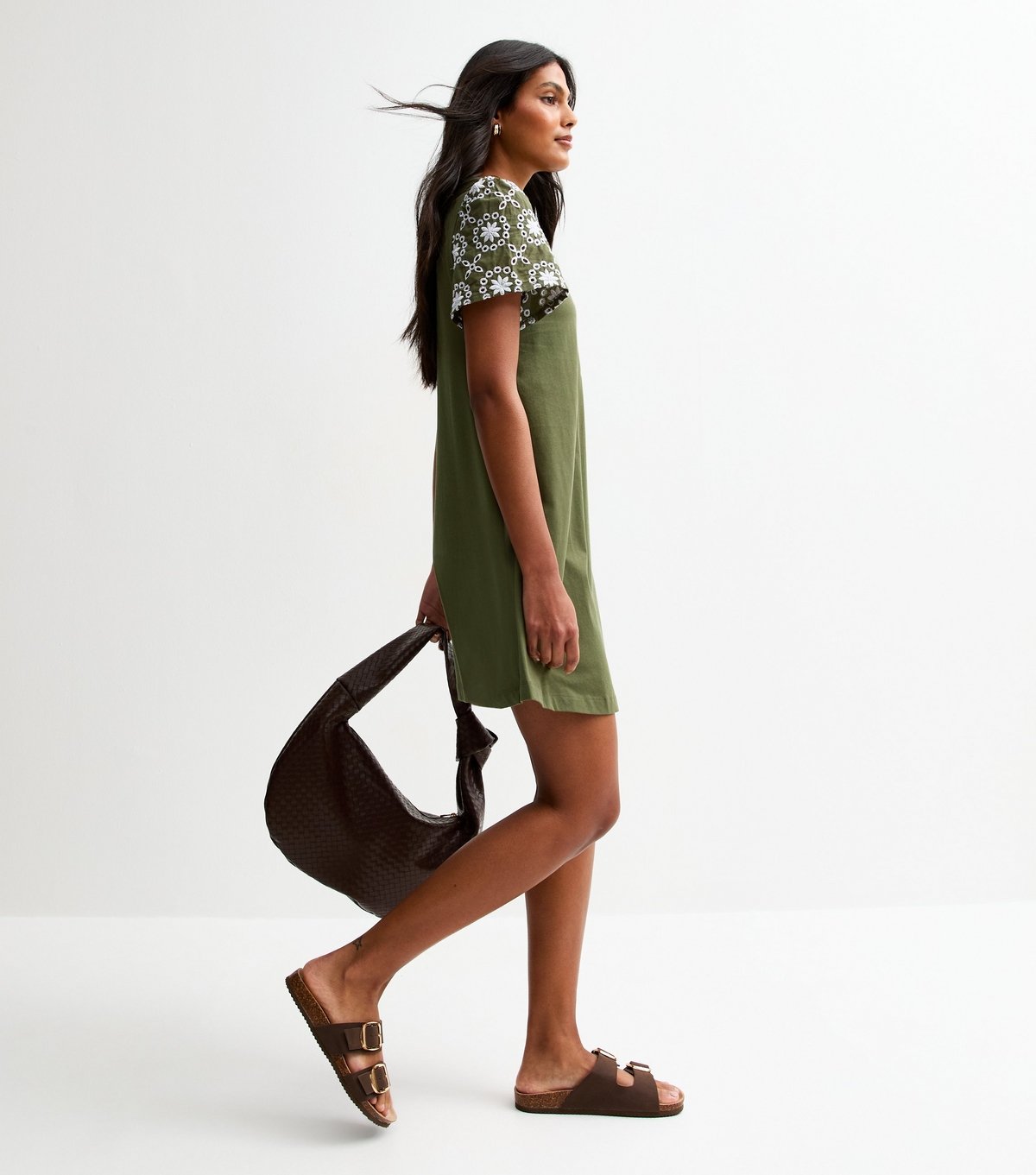 New Look Women's Dark Khaki Broderie Sleeve Mini Swing Dress New Look - 2