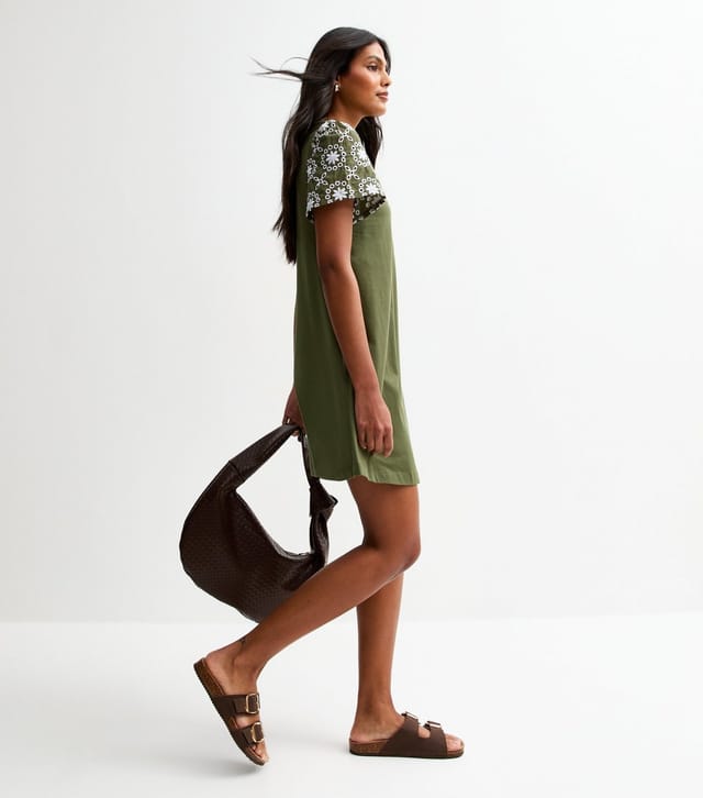 New Look Women's Dark Khaki Broderie Sleeve Mini Swing Dress New Look - 2