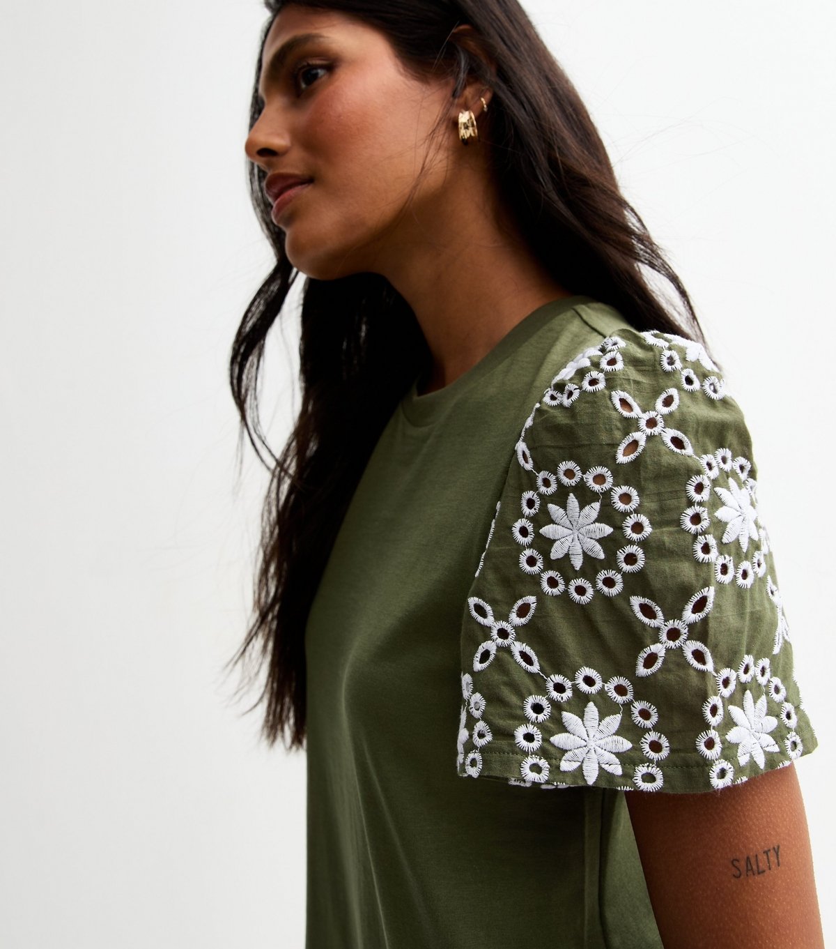 New Look Women's Dark Khaki Broderie Sleeve Mini Swing Dress New Look - 3