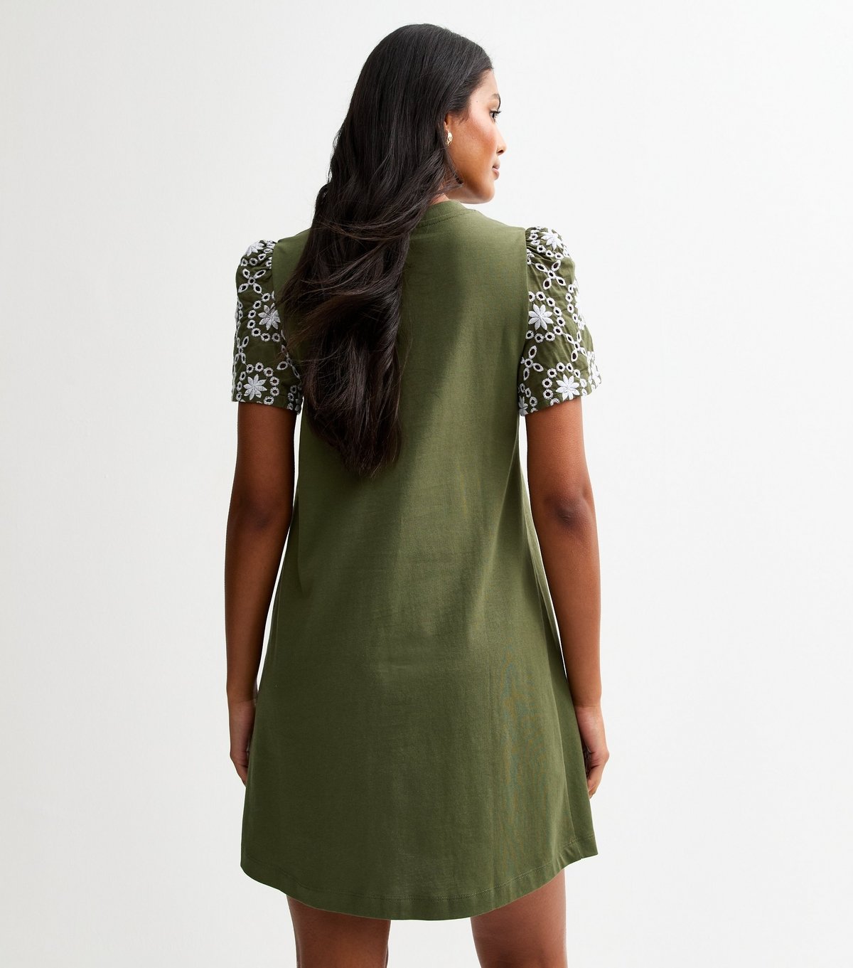 New Look Women's Dark Khaki Broderie Sleeve Mini Swing Dress New Look - 4