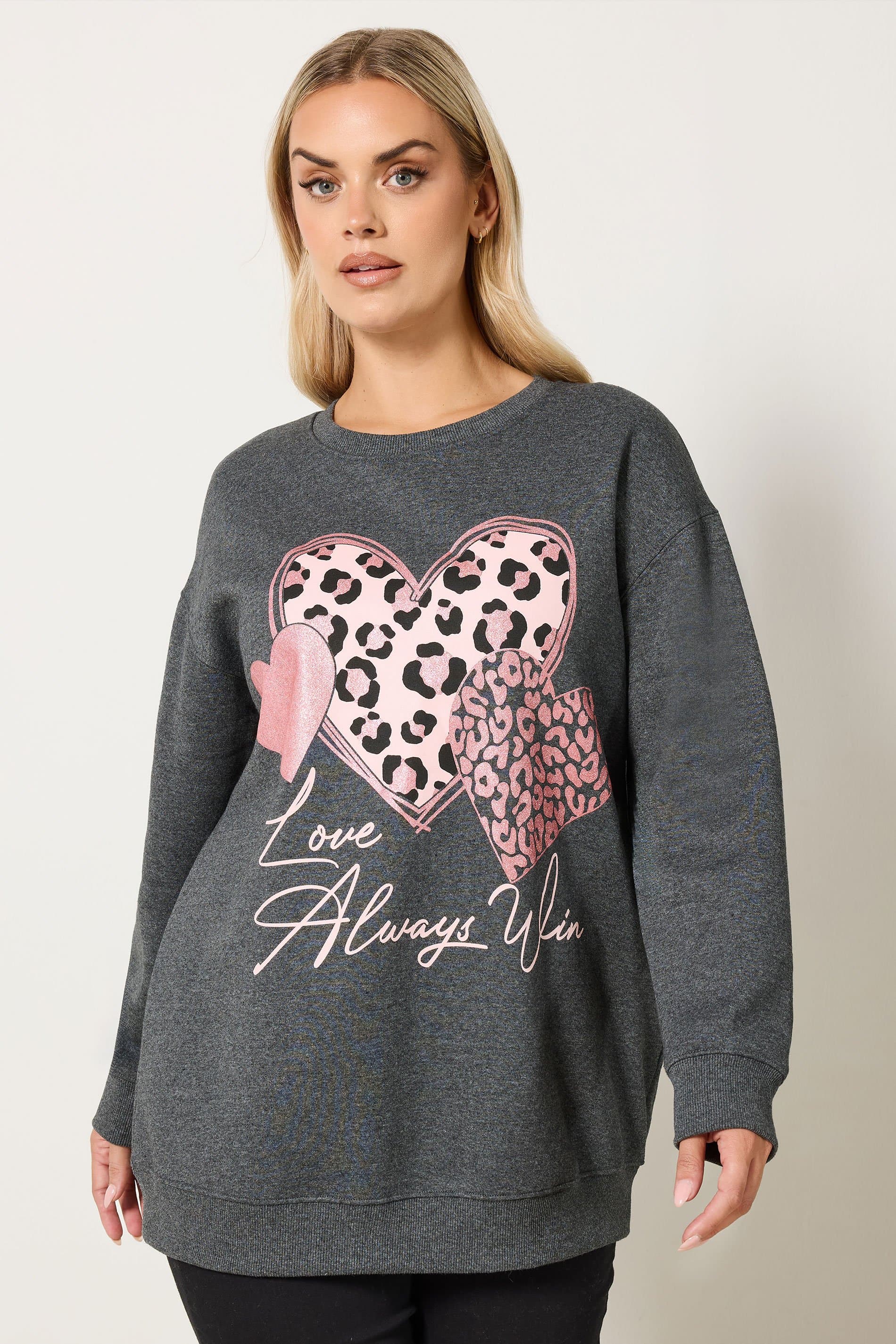 Yours Plus Size Grey 'Love Always Wins' Glitter Heart Sweatshirt