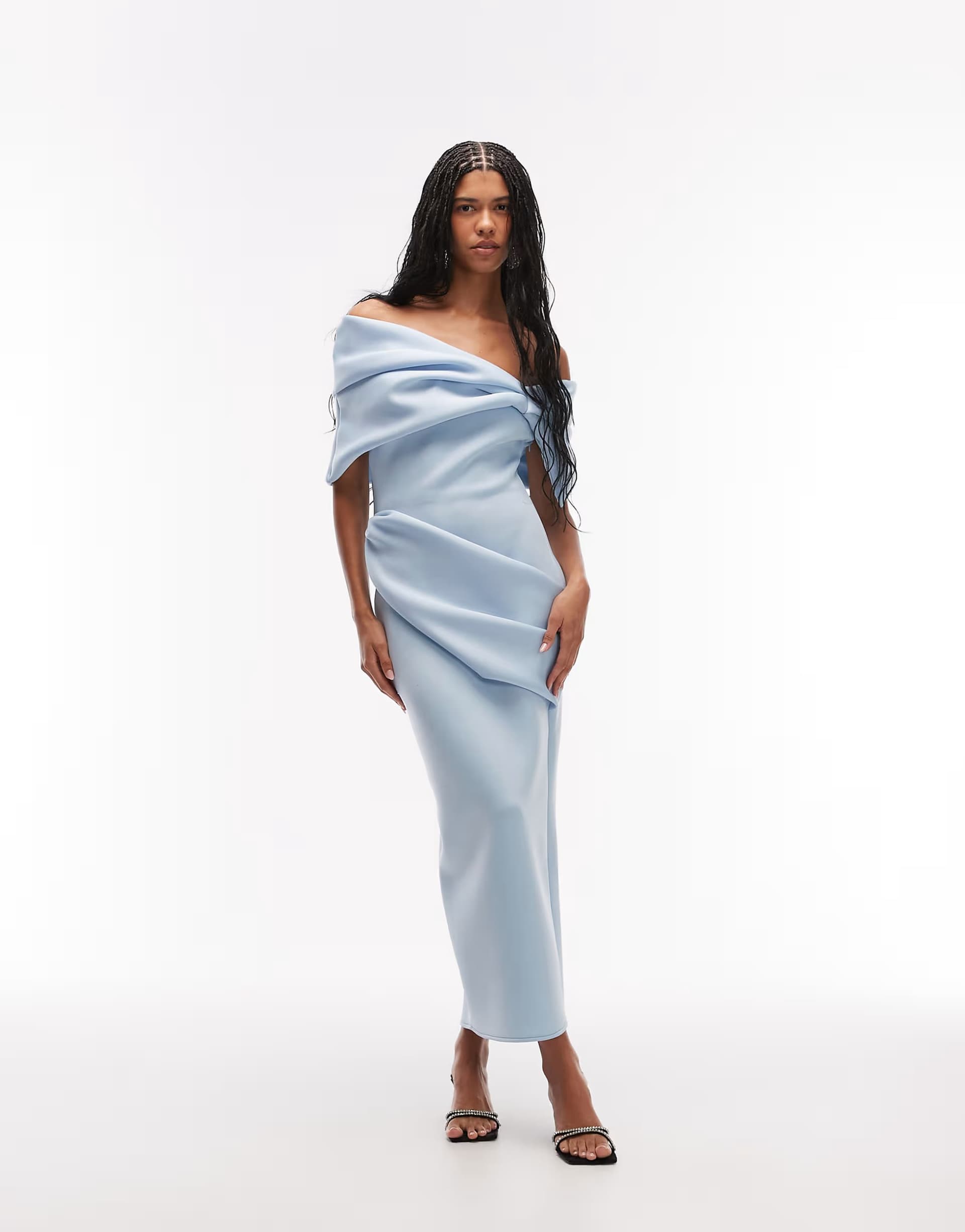 ASOS ASOS DESIGN exaggerated bardot midi dress in pale blue scuba-style fabric