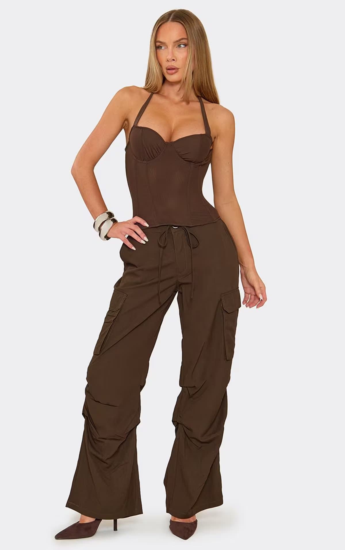 EGO Halterneck Lace Up Back Corset Top In Chocolate Brown, Women's Size UK 6