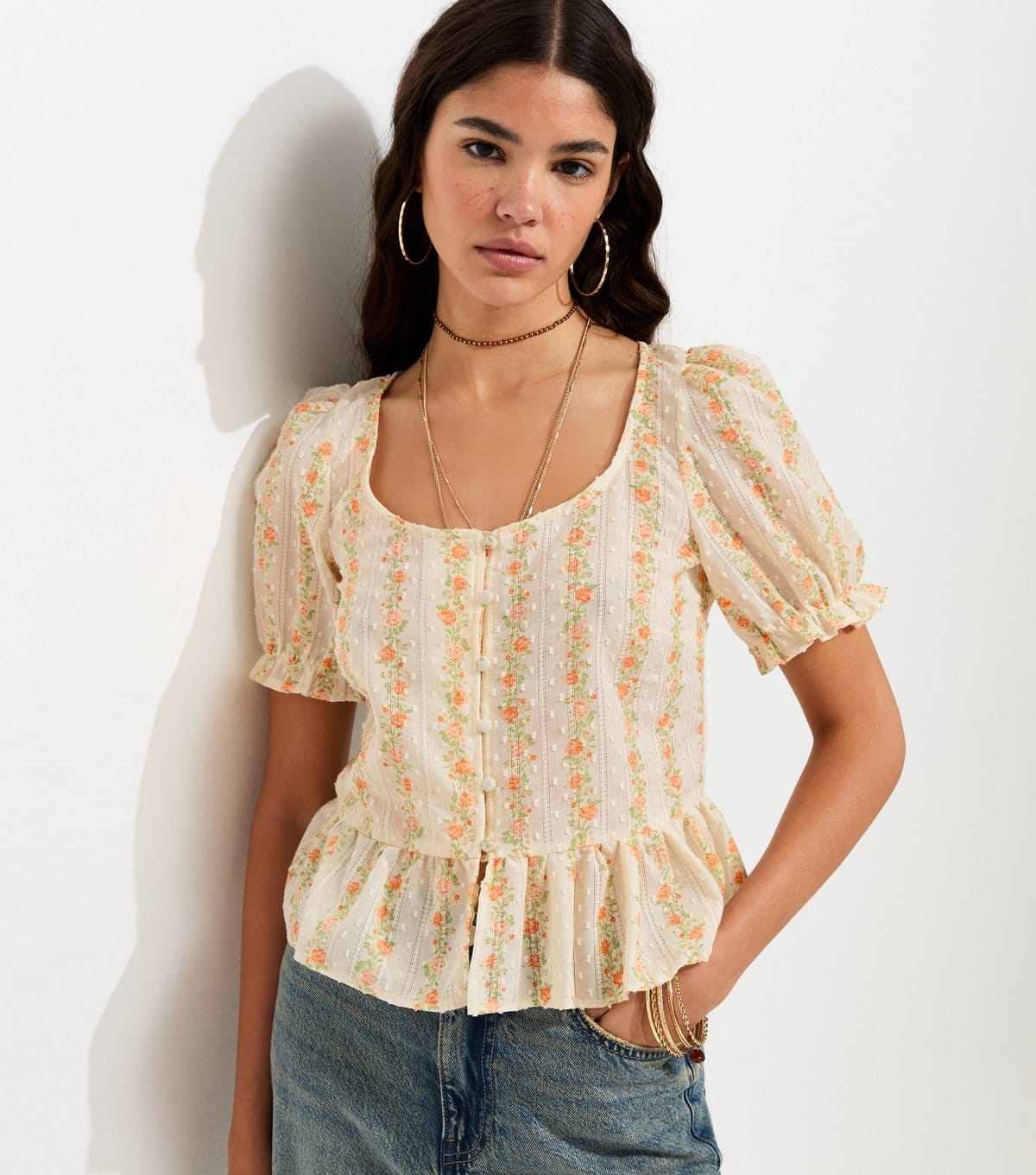 New Look Cream Floral Button Front Tea Blouse