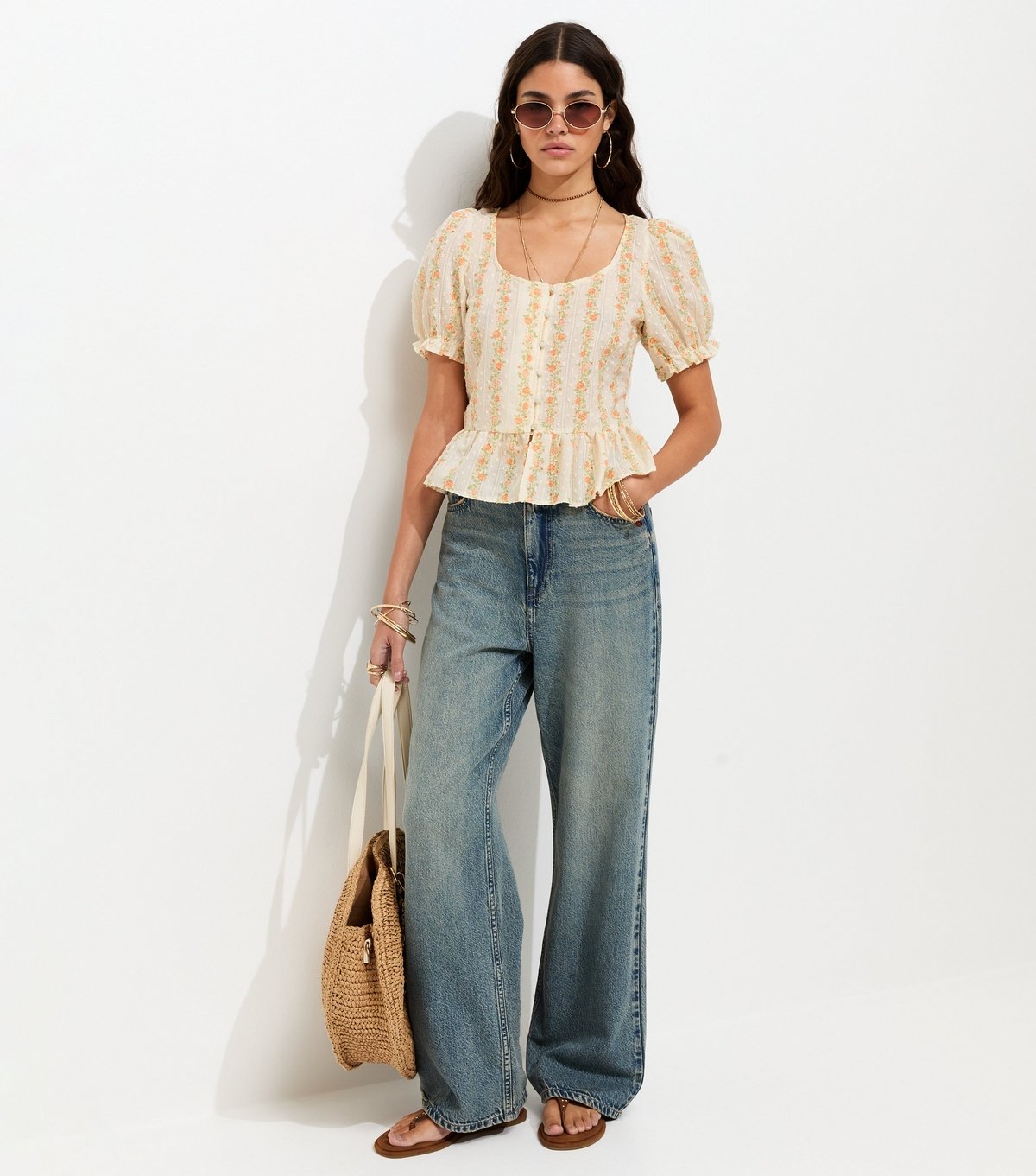 New Look Women's Cream Stripe Ditsy Floral Button Front Tea Blouse New Look - 3