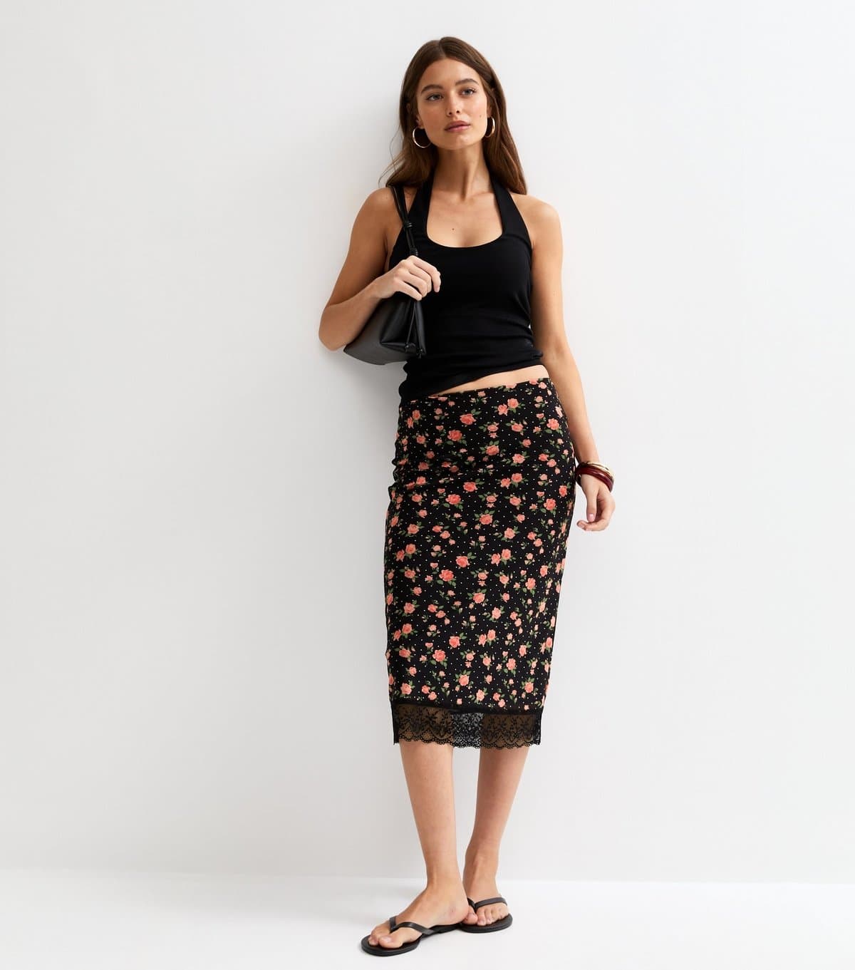 New Look Women's Black Floral Mesh Midi Skirt New Look