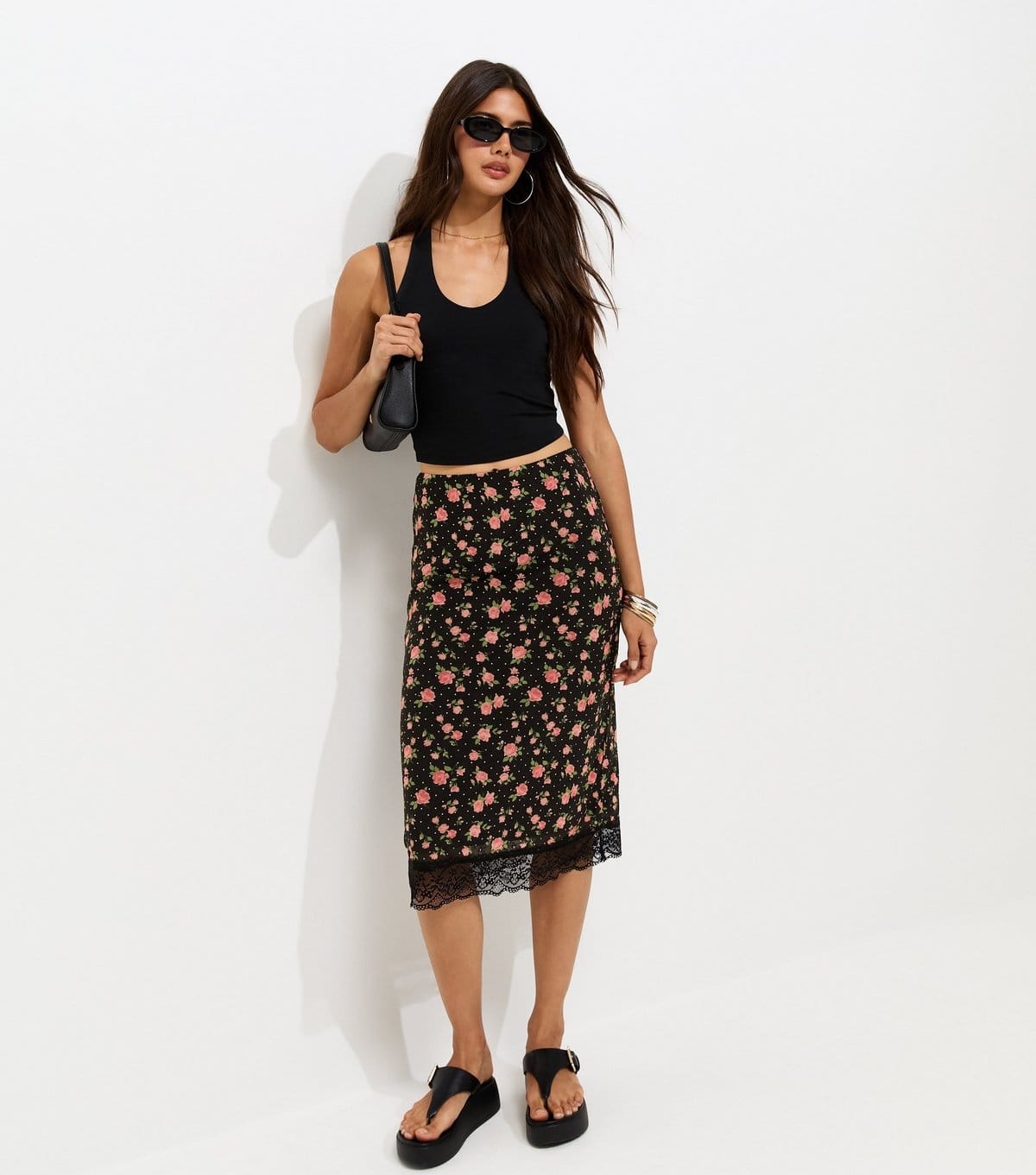 New Look Floral Print Black Midi Skirt