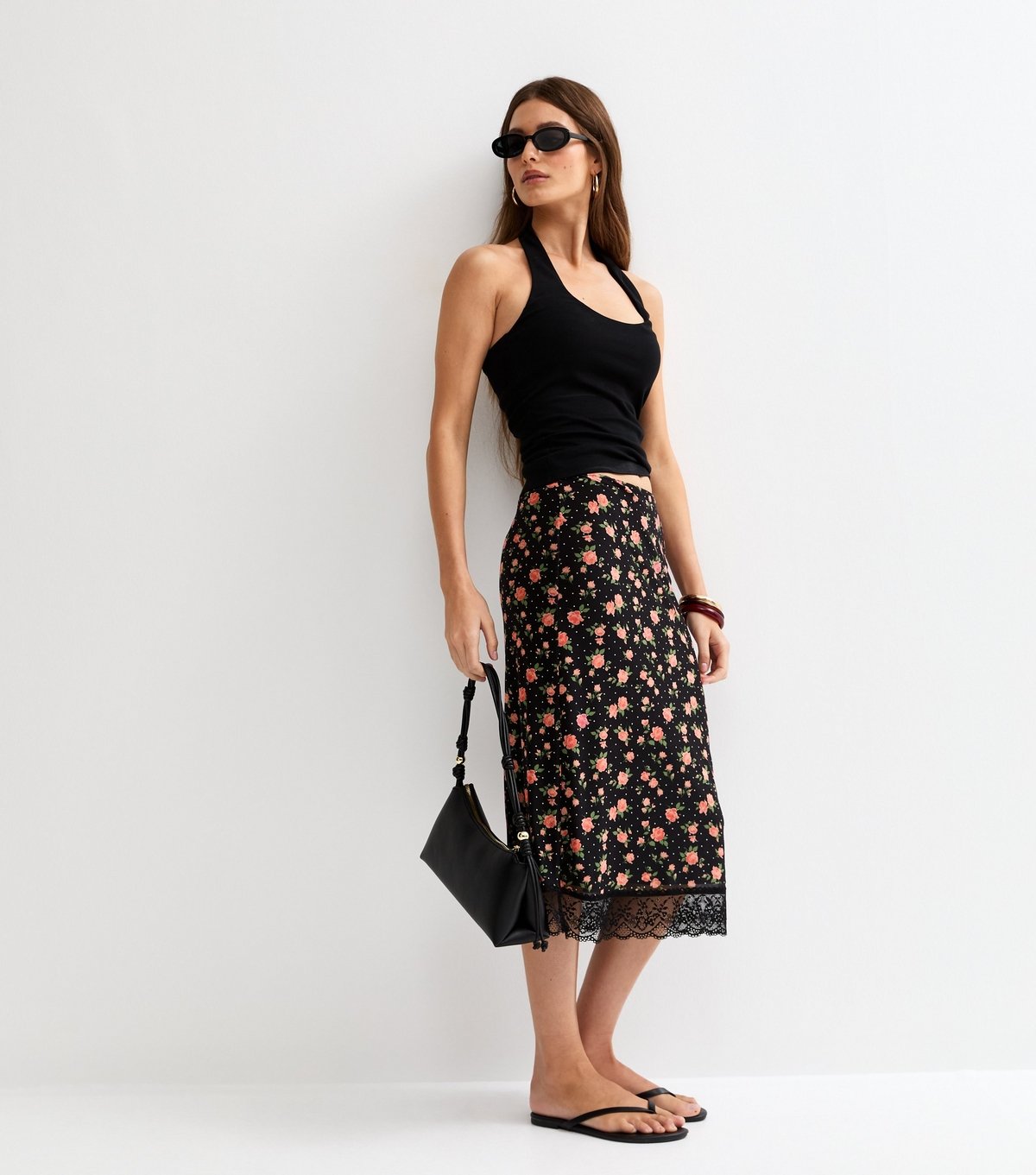 New Look Women's Black Floral Mesh Midi Skirt New Look - 3