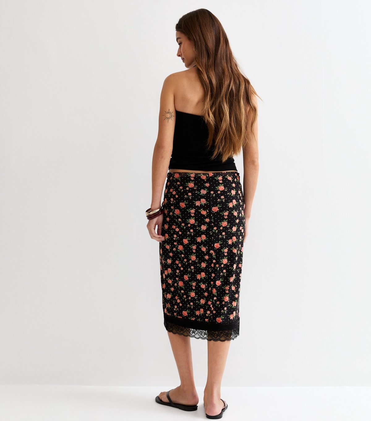 New Look Women's Black Floral Mesh Midi Skirt New Look - 4
