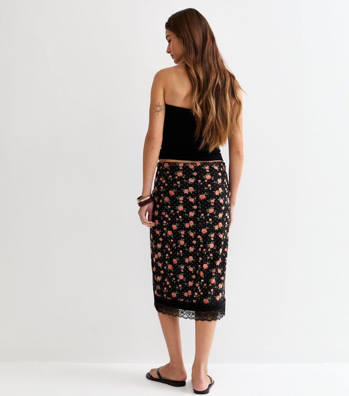 New Look Women's Black Floral Mesh Midi Skirt New Look - 4