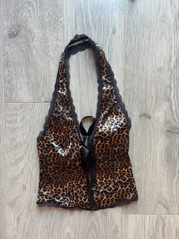 Urban Outfitters Kimchi Blue leopard print satin black lace trim halterneck top