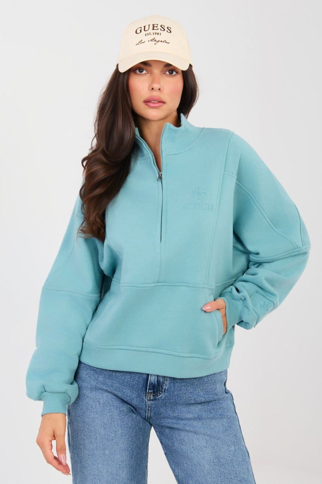Love Lace Love Lace Women's Cotton Blend Half Zip Stand Collar Sweatshirt in Teal