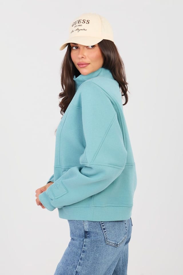 Love Lace Love Lace Women's Cotton Blend Half Zip Stand Collar Sweatshirt in Teal - 2