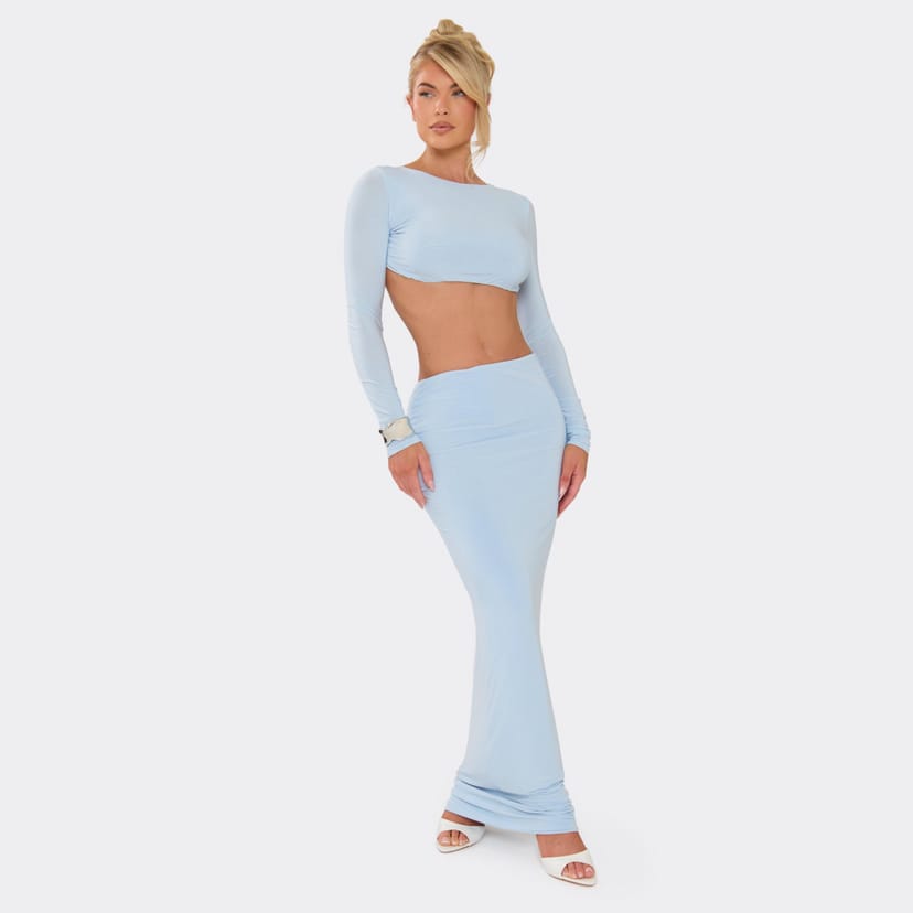 EGO Long Sleeve Cut Out Strap Detail Maxi Dress In Baby Blue Slinky, Women's Size UK 6 - 1