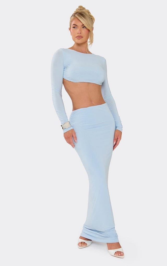 EGO Long Sleeve Cut Out Strap Detail Maxi Dress In Baby Blue Slinky, Women's Size UK 6 - 2
