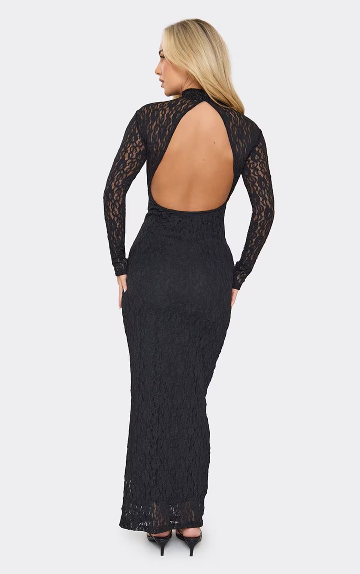EGO Long Sleeve Drape Front Open Back Maxi Dress In Black Lace, Women's Size UK 6