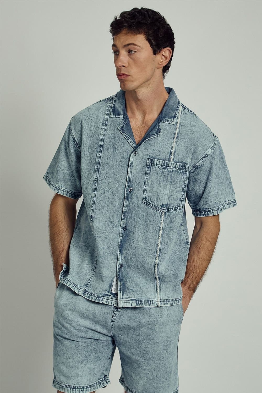 Native Youth Native Youth Men's Cotton Short Sleeve Washed Denim Boxy Shirt in Blue