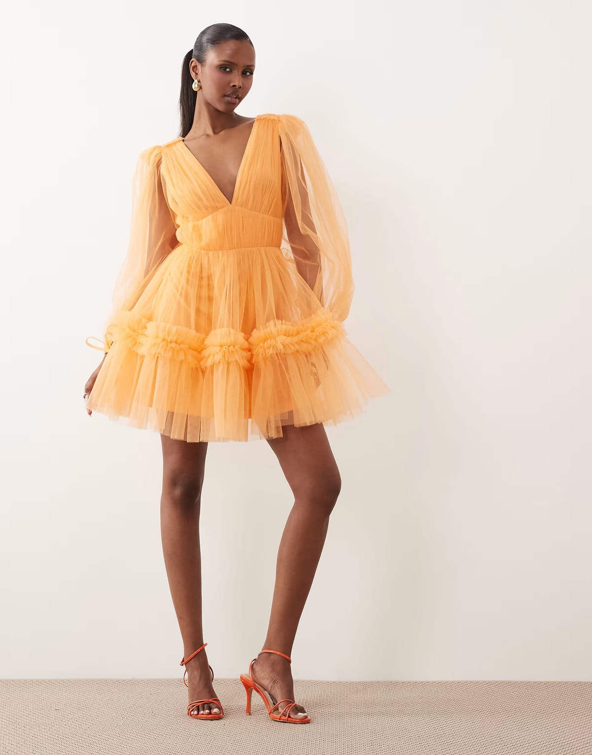 ASOS Lace & Beads organza plunge neck balloon sleeve mini dress in orange - 1