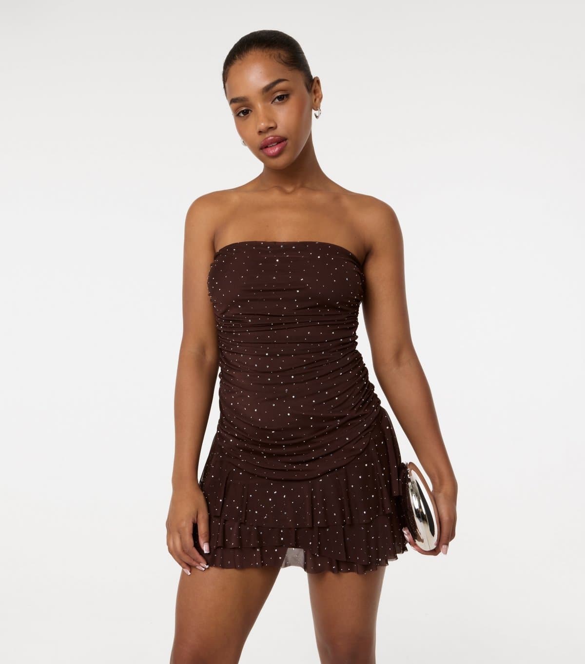 Pink Vanilla Women's Brown Diamante Ruffled Hem Mini Dress Pink Vanilla New Look